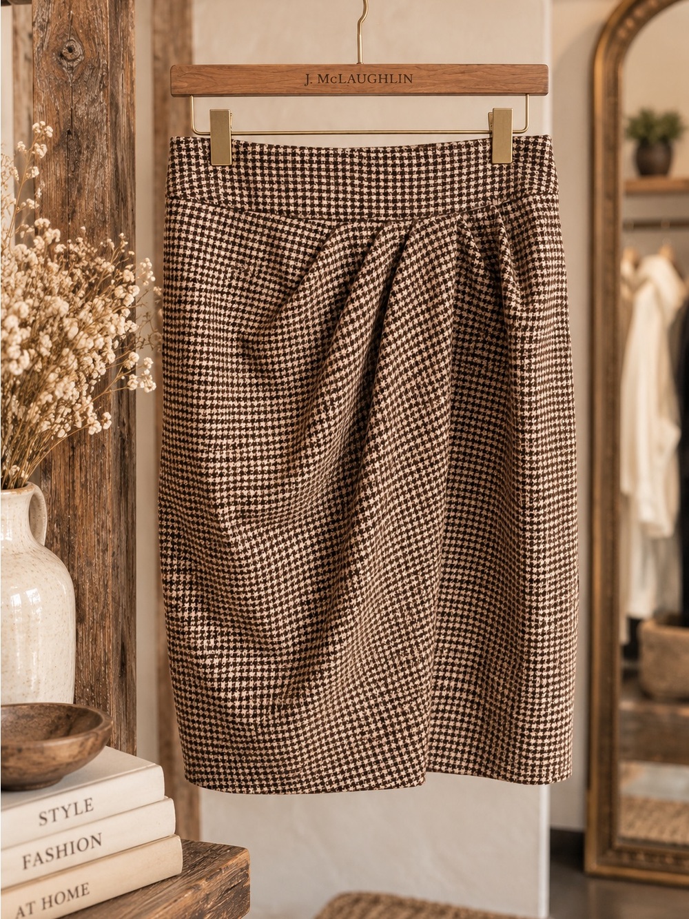 J. McLaughlin Brown Houndstooth Pencil Skirt 6 Academic Corporate Chic
